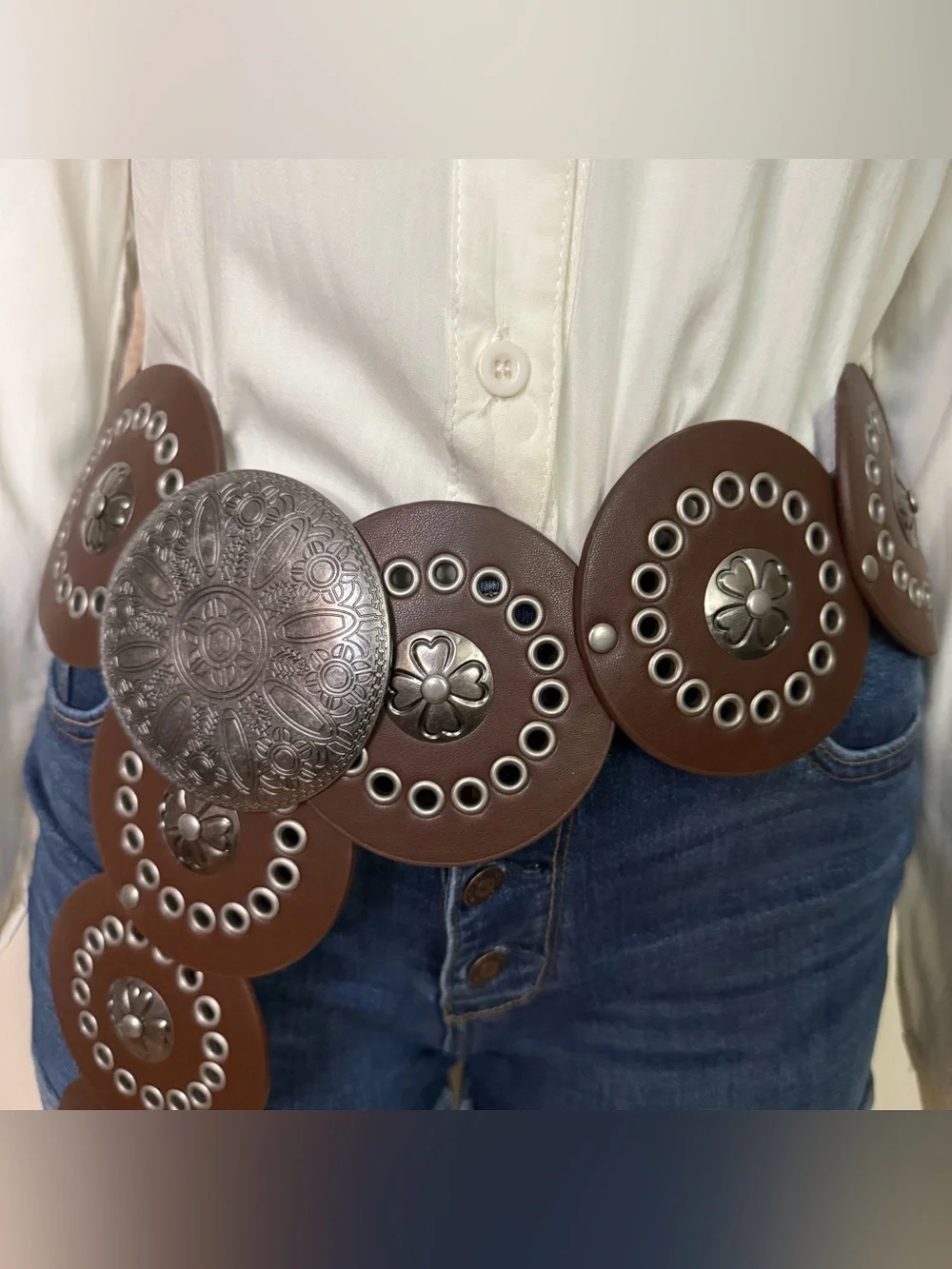Brown PU leather concho belt with old silver tone buckle